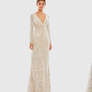 NWT leena for Mac Duggal Sequined Faux Wrap Sleeve Column Gown Silver Nude